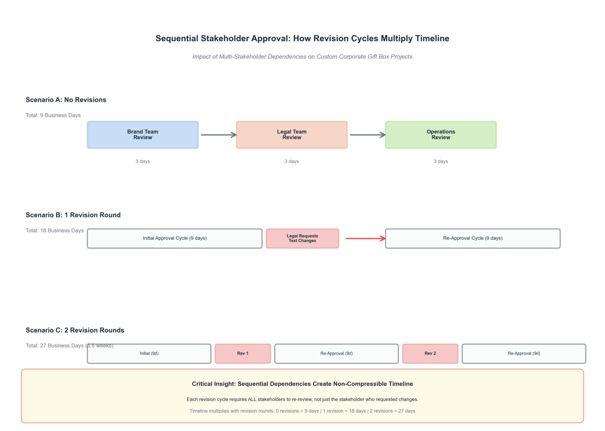 Sequential stakeholder approval cascade showing how revision cycles multiply timeline in custom corporate gift box projects