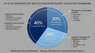 40-30-30 budget allocation framework for corporate gift box customization showing contents, packaging, and logistics percentages