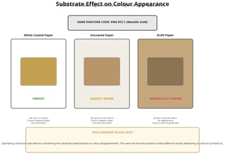 Comparison showing same Pantone colour appearing differently on white coated, uncoated, and kraft paper substrates