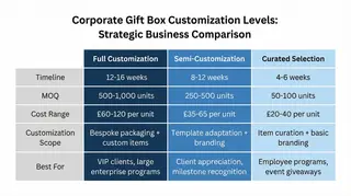 Comparison matrix showing three customization levels with timeline, MOQ, cost range, and best use cases
