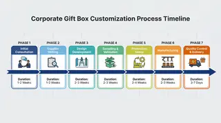Seven-phase corporate gift box customization process timeline showing duration for each phase