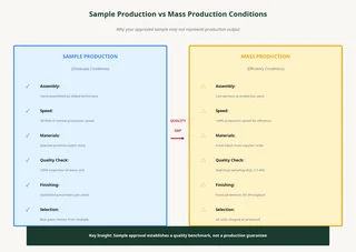 Comparison diagram showing sample production conditions versus mass production conditions