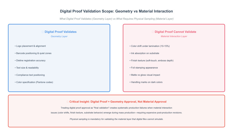 Digital proof validation scope showing geometry layer vs material interaction layer