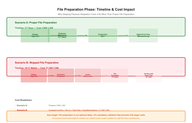 Timeline and cost comparison between proper file preparation and skipped prepress adaptation