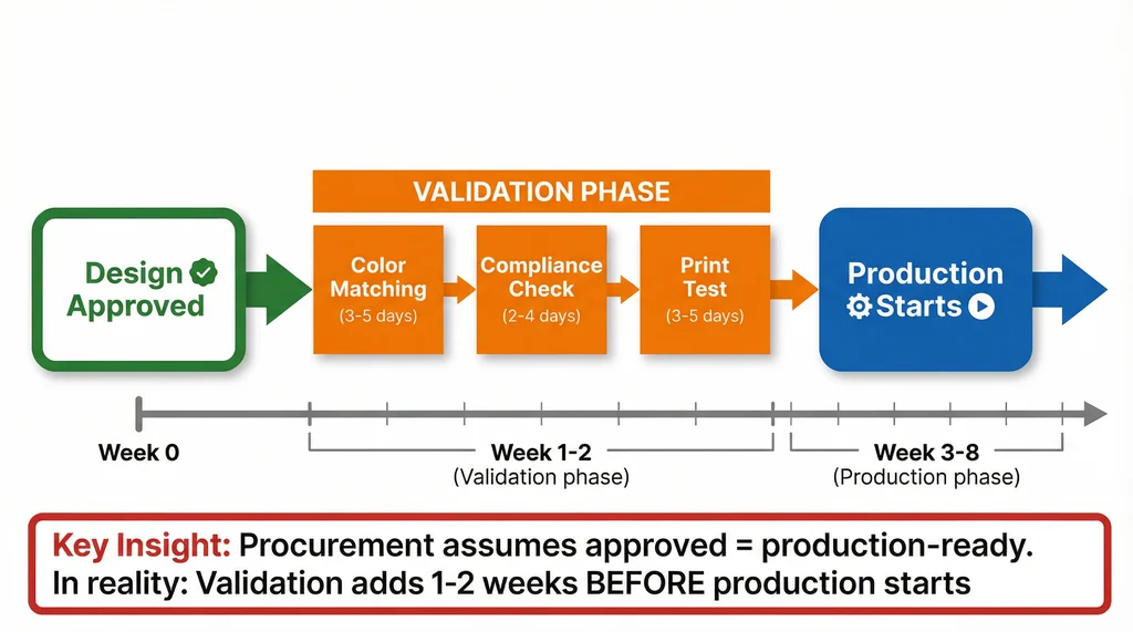 Timeline diagram showing design approval, validation phases (color matching, compliance check, print test), and production start. Validation phase spans 1-2 weeks before production begins.
