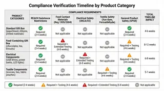 Matrix showing compliance verification requirements and timeline impact for different corporate gift box categories including standard, food-containing, electrical, and textile components