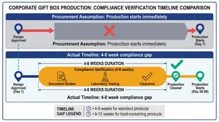 Timeline comparison showing procurement assumption of immediate production start versus actual 4-8 week compliance verification gap between design approval and production clearance