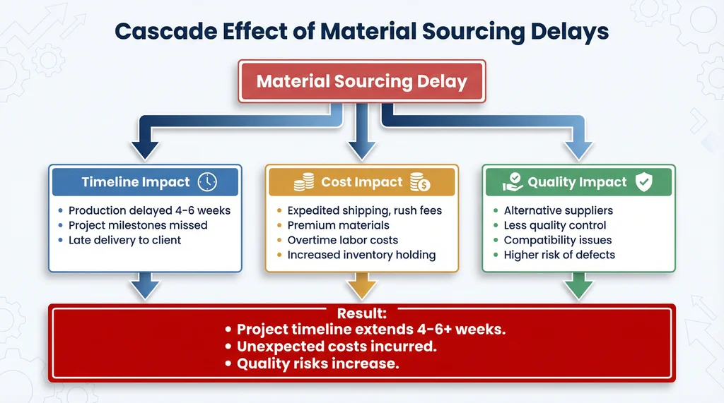 Cascade effect diagram showing how material sourcing delays impact timeline (4-6 week extension), costs (expedited shipping, rush fees), and quality (alternative suppliers, less QC, compatibility issues).