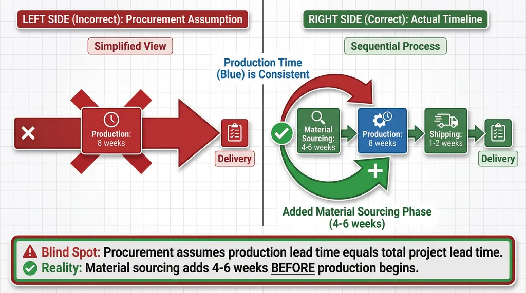 Comparison diagram showing procurement assumption (incorrect) with only 8-week production timeline versus actual timeline (correct) with 4-6 week material sourcing phase before production begins.