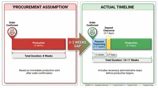 Timeline comparison showing procurement assumption versus actual timeline with payment processing delays