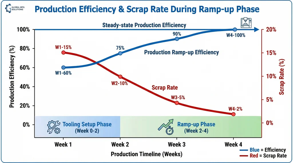 Production efficiency and scrap rate curves during ramp-up phase. Efficiency starts at 60% in week 1, increases to 100% by week 4. Scrap rate starts at 15% in week 1, decreases to 2% by week 4.