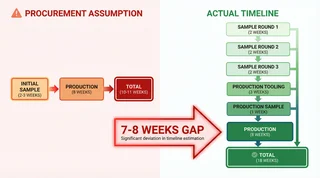 Timeline comparison showing procurement assumption of 10-11 weeks versus actual timeline of 18 weeks for corporate gift box production