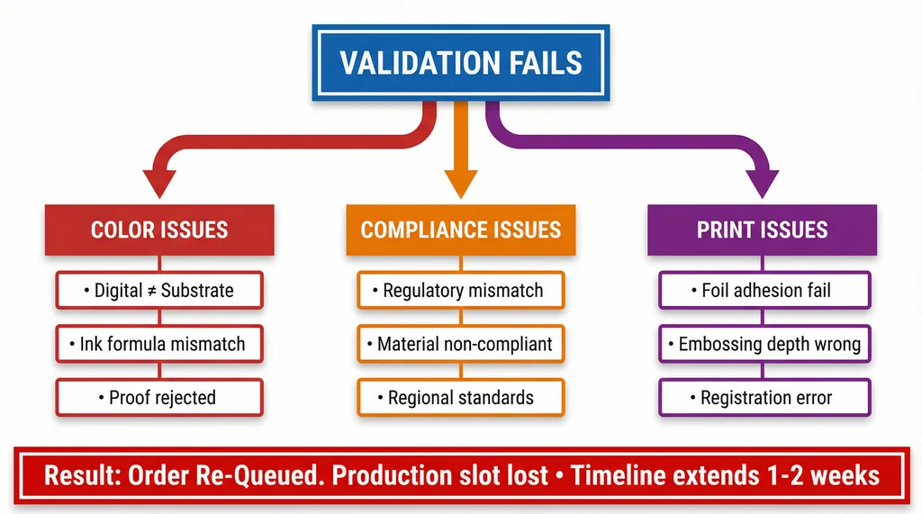 Decision tree showing three categories of validation failures: Color Issues (digital vs substrate, ink formula mismatch, proof rejected), Compliance Issues (regulatory mismatch, material non-compliant, regional standards), and Print Issues (foil adhesion fail, embossing depth wrong, registration error). Result: order re-queued, timeline extends 1-2 weeks.