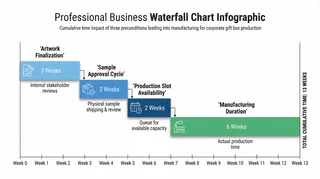 Waterfall chart showing cumulative time impact of three preconditions in corporate gift box production from artwork finalization through manufacturing