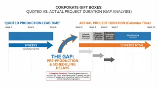 Comparison diagram showing the gap between quoted 6-week production lead time and actual 13-week project duration for corporate gift boxes, illustrating pre-production delays