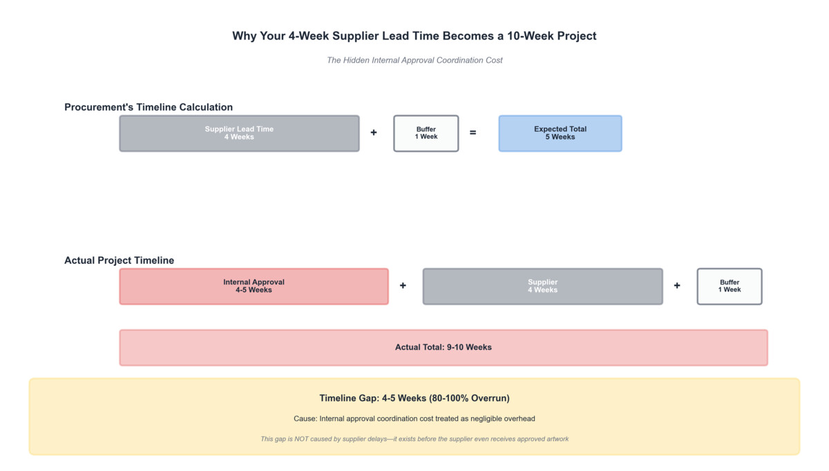 Comparison of procurement timeline calculation versus actual project timeline showing 80-100% overrun from internal approval coordination cost