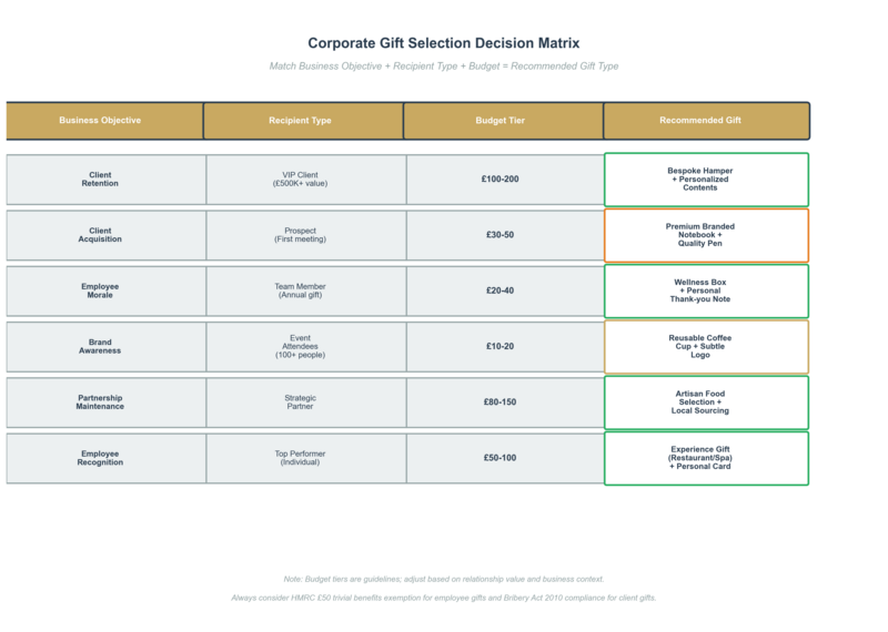 Corporate gift selection decision matrix
