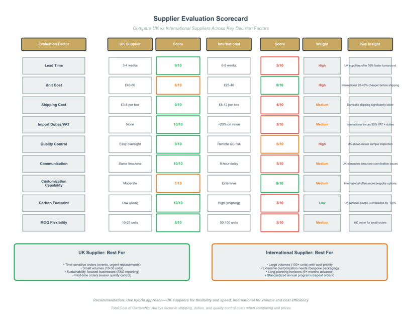 Supplier evaluation scorecard comparing UK versus international suppliers across key decision factors